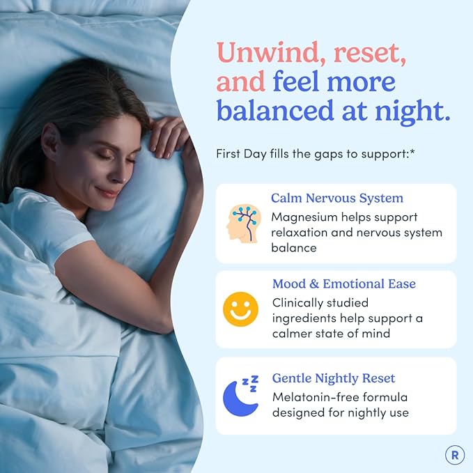First Day Women’s Nighttime Reset Calming Magnesium Gummies – Sleep Aid Supports Peaceful Rest Balanced Mood &amp Energy – Supplement with Magnesium Citrate L-Theanine &amp No Melatonin – 60-Day S
