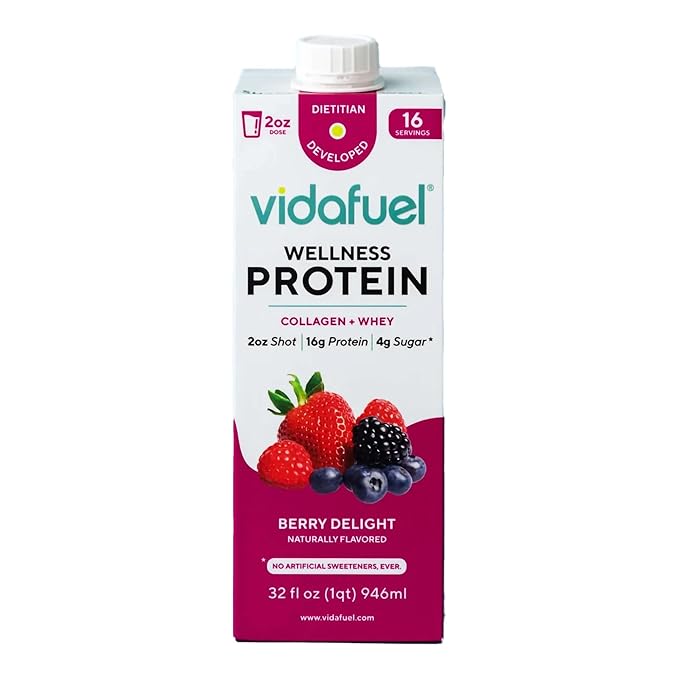 Vidafuel Protein Drink 16g Protein Per 2oz Shot 32 fl oz Carton Berry Collagen and Whey Drink No Artificial Sweeteners