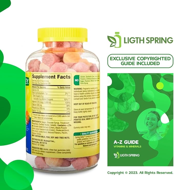 Calcium Plus Vitamin D Adult Gummies 500 mcg 1000 IU Assorted Flavors 100 Ct Bundle with Exclusive Vitamins &amp Minerals - A to Z - Better Ligth&ampSpring Guide (2 Items)