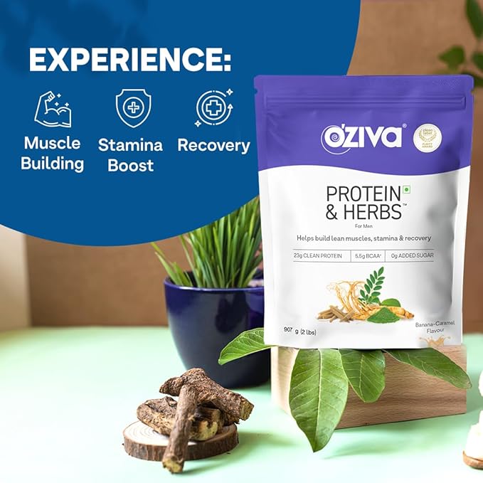 OZIVA Protein &amp Herbs for Men Banana Caramel Protein Powder for Men for Muscle Building Recovery and Better Stamina (with 23G Whey Protein + 15 Multivitamin for Men) Certified Clean 1Kg