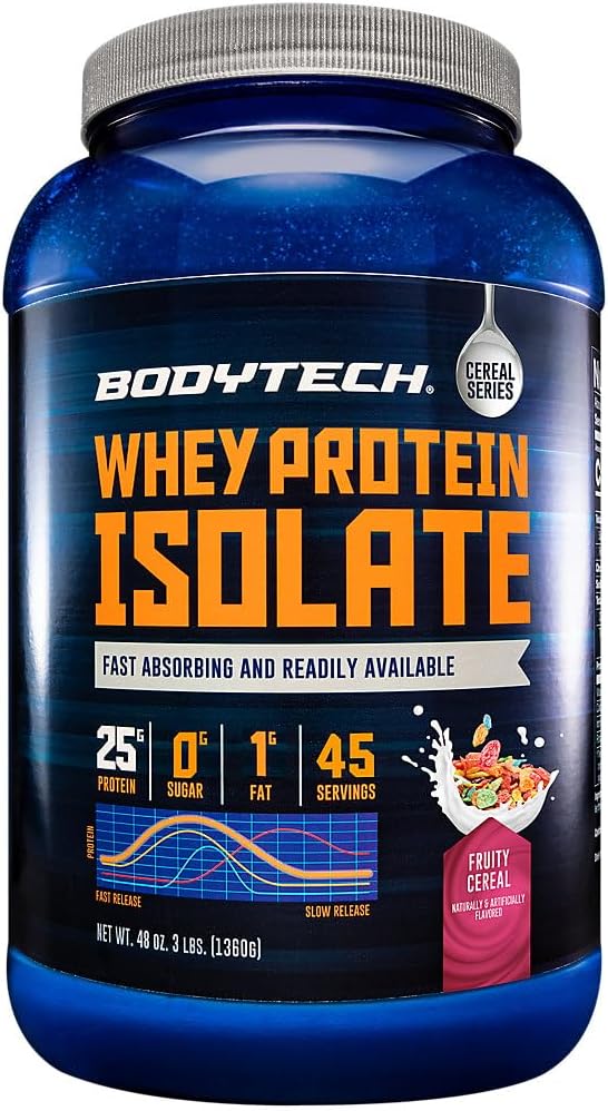 BodyTech Whey Protein Isolate Powder - 25g Protein per Serving with BCAAs - Fast-Absorbing for Muscle Growth &amp Recovery - Fruity Cereal (3 lb 46 Servings)