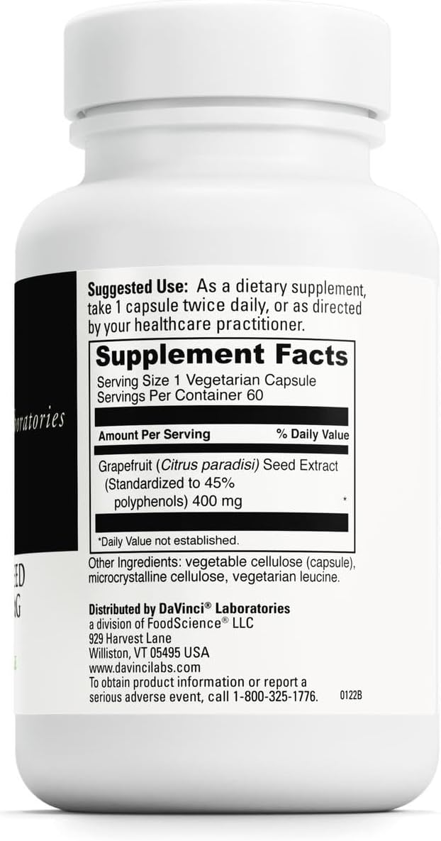 DAVINCI Labs Grapefruit Seed Extract 400 mg - Supports GI &amp Digestive Gut Health - Gluten Free Vegetarian - 60 Capsules (30-Day Supply)