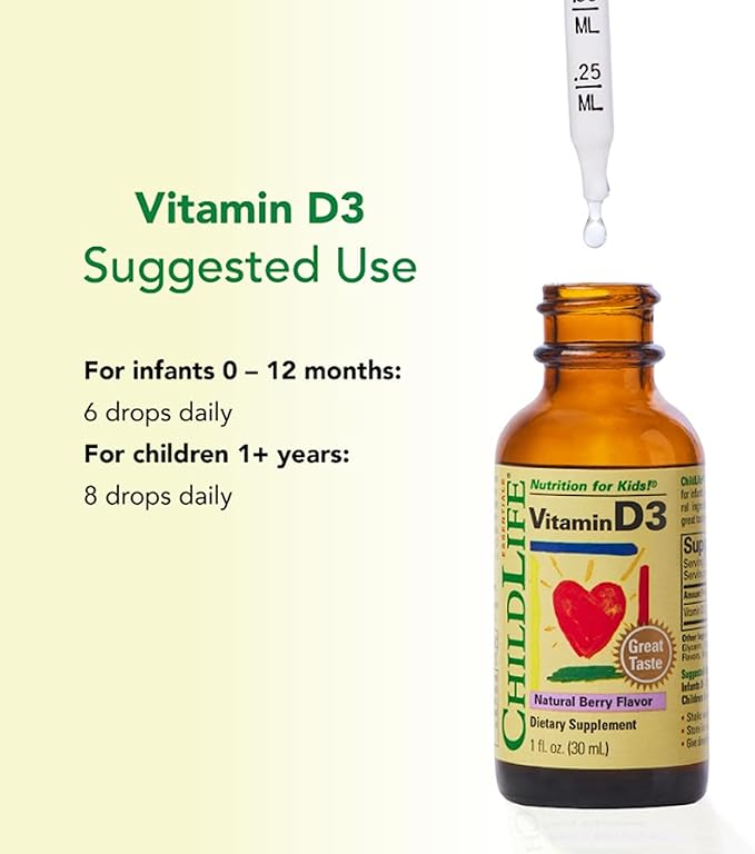 CHILDLIFE ESSENTIALS Vitamin D3 Drops for Kids Children &amp Toddlers - Liquid Vitamin D Drops 500 IU per Drop Immune &amp Bone Health Support Natural Berry - 1 Fl Oz (Pack of 3)