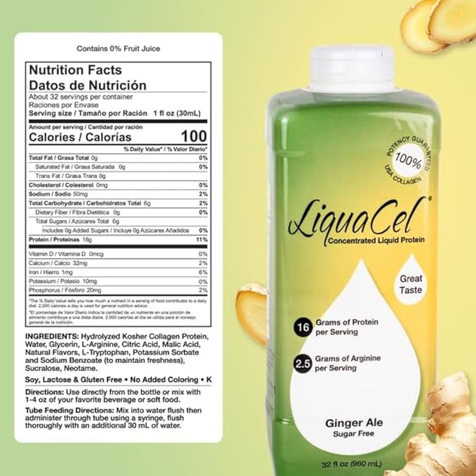 LiquaCel Concentrated Liquid Protein Ginger-Ale Flavor Ready-to-Drink 16g Hydrolyzed Collagen Protein and 2.5g Arginine Per 1oz Serving Sugar &amp Gluten Free 32 fl oz Bottle Case of 6