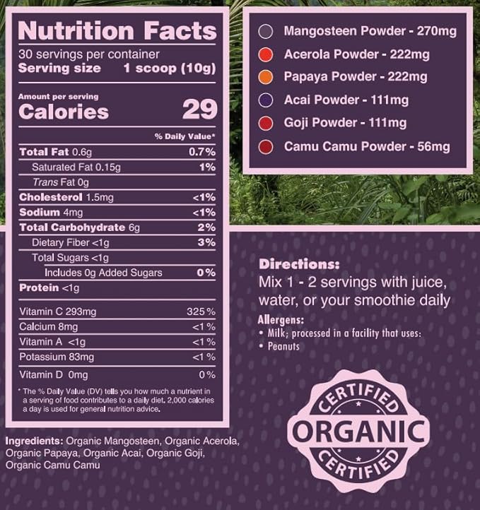 Organic Superfood Antioxidant Powder Tropical Fruit Blend with Freeze Dried Mangosteen Papaya Acerola Acai Goji Camu Camu Tapioca and Lime Juice (10.6 oz 1 Month Supply)