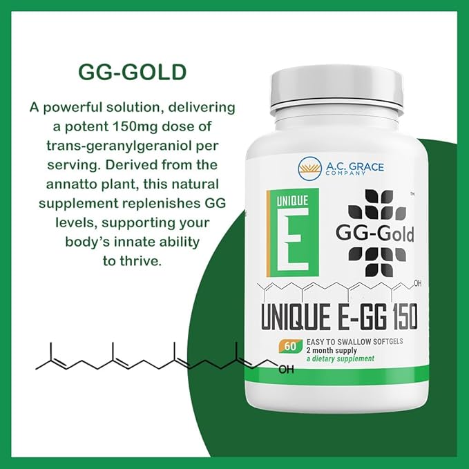 UNIQUE E A.C. Grace Company GG-Gold - 150mg Geranylgeraniol Supplement - Premium Annatto-Derived GG for Statin Users Cellular Energy Muscle &amp Bone Health - 60 Softgels