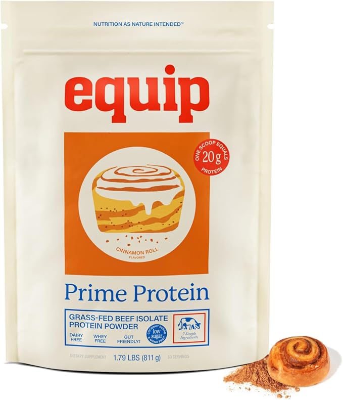 Equip Foods Prime Protein Powder | Clean Grass Fed Beef Protein Powder for Women &amp Men | Carnivore Protein Isolate | Paleo Keto Friendly | Gluten Dairy Free | 30 Servings Cinnamon Roll