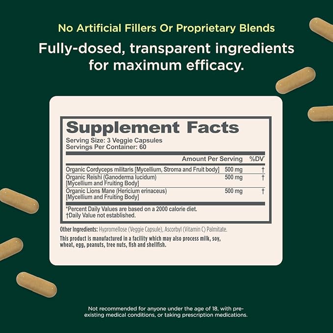 Genius Mushroom Supplement - Full-Spectrum Lion’s Mane Cordyceps Reishi -Daily Brain Nootropic for Energy Focus Memory &amp Overall Wellness - 180 Capsules – Organic for Mental Clarity &amp Perf
