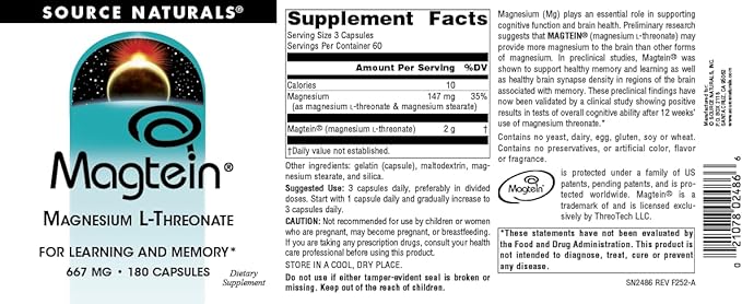 Source Naturals Magtein Magnesium L-Threonate 667mg Supports Focus Mood Healthy Memory Cognitive Function - 180 Capsules