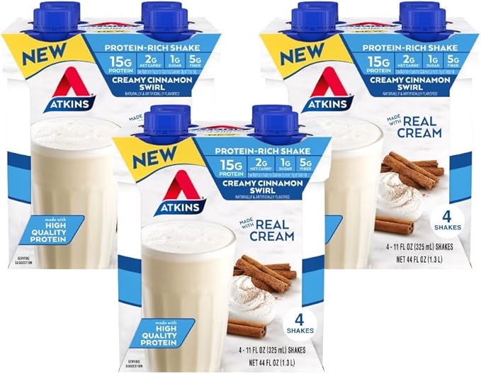 Atkins Creamy Cinnamon Swirl Protein Shake 15g Protein 12 Count and Atkins Endulge Peanut Butter Cups 20 Count Bundle
