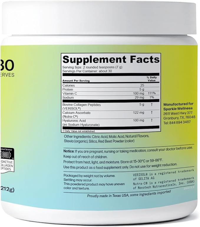 Sparkle Wellness VERISOL Bioactive Hydrolyzed Collagen Peptides | Collagen Powder with Vitamin C &amp Hyaluronic Acid for Hair Skin and Nail Health | Skin Boost Plus (Mixed Berry) [30-Serves]