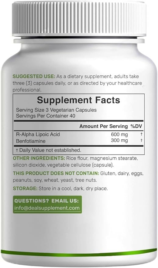DEAL SUPPLEMENT R Alpha Lipoic Acid 600mg with Benfotiamine 300mg Per Serving 120 Veggie Capsules – 200mg R-ALA Per Capsule – Antioxidant Supplement for Energy &amp Nervous System Support