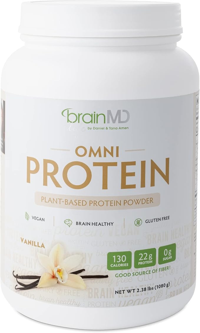 BRAINMD Dr Amen OMNI Protein Vanilla - 2.38 lbs - Plant-Based Protein Powder - Promotes Energy &amp Exercise Recovery - Vegan Vegetarian Sugar Free Gluten Free - 30 Servings