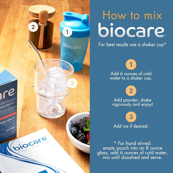 Biocare Nutritional Beverage for GLP-1 Users Dietary Powder Drink Provides 20g Essential Protein 26 Vitamins/Minerals Helps Ease Nausea Bloating Constipation Chocolate (14 Count)