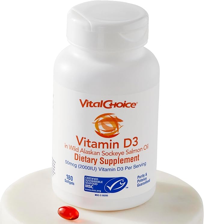 Vital Choice MSC Vitamin D3 in Wild Alaskan Sockeye Salmon Oil Dietary Supplement 180 Softgels