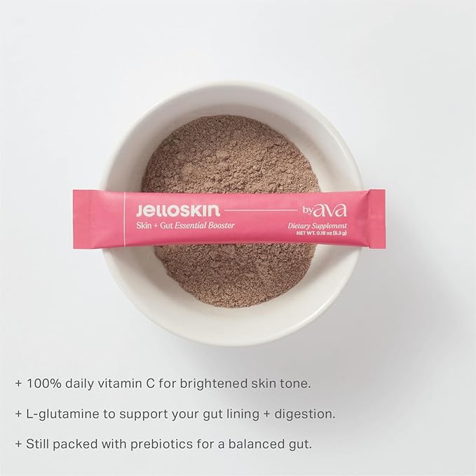 byAVA Jelloskin Skin + Gut Essential Prebiotic Booster Powder | L-Glutamine 1500mg Vitamin C Zinc Niacinamide | 30 Servings | Glowing Skin Gut Health Support | Antioxidants Camu Camu &amp Spiruli