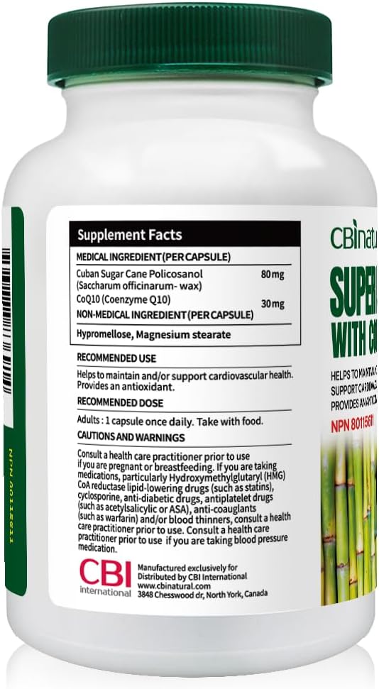 Super Sugarcane Policosanol 80 mg with CoQ10 30 mg 120 Vegetable Capsules Heart &amp Cholesterol Support 4-Month Supply Non-GMO Gluten Free
