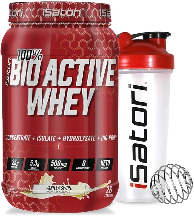 iSatori Bio-Active Whey Protein Powder - Vanilla Swirl (30 Servings) &amp iSatori Classic Blender Bottle (Clear Bottle with Red Top)