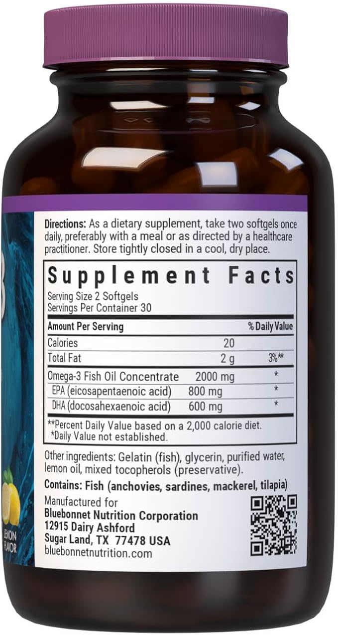 Bluebonnet Nutrition Omega-3 Heart Formula Natural Wild Caught Triglyceride Form DHA 600 mg EPA 800 mg - Highly Concentrated Heart Health Support Supplement - Gluten-Free - 60 Softgel