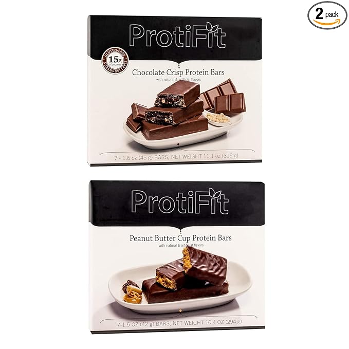 PROTIFIT - Low Calorie Chocolate Crisp &amp Peanut Butter Cup Protein Bar 2 Pack High Protein 15g Protein Low Carb Low Sugar Ideal Protein Compatible 7 Servings Per Box (2 Pack)