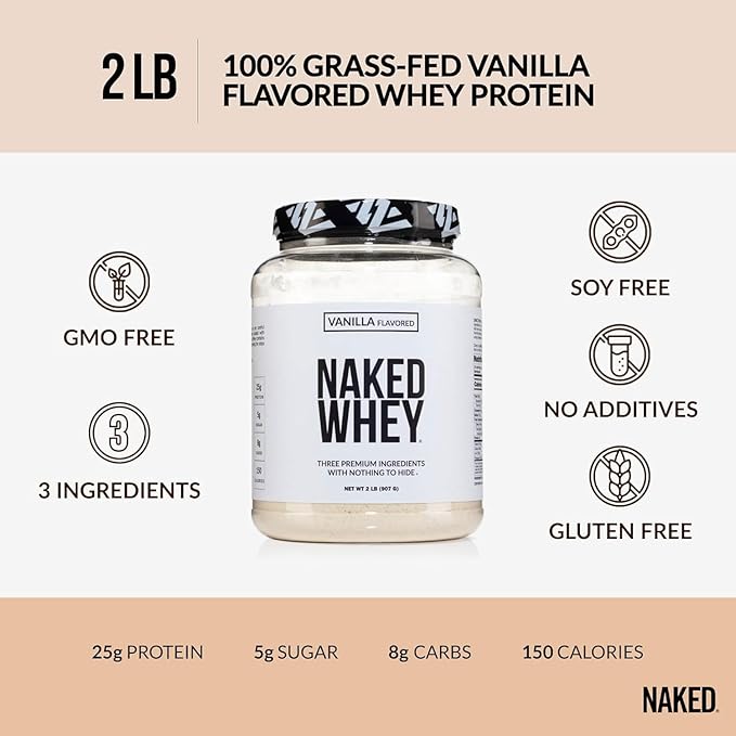 NAKED Whey Vanilla Protein Powder - Only 3 Ingredients - Grass Fed Whey Protein Powder Vanilla Flavor and Organic Coconut Sugar NSF Certified No GMO No Soy and Gluten Free - 24 Servings
