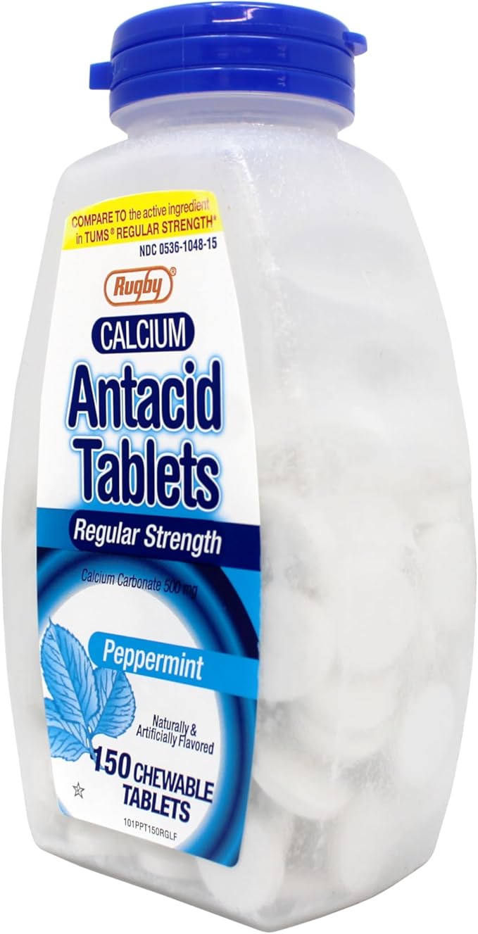 Rugby Calcium Carbonate 500mg Antacid Tablets Peppermint Regular Strengh 150 Chewable Tablets - 6 Pack