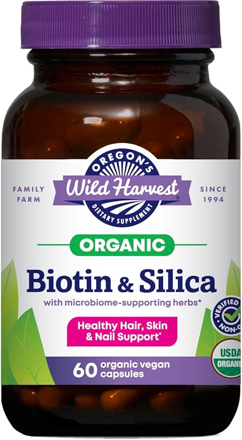 Oregon's Wild Harvest Biotin &amp Silica – USDA Certified Organic Vegan Capsules for Hair Skin &amp Nail Support with Microbiome-Supporting Herbs – Non-GMO 60 Count