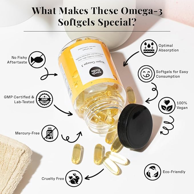 Earth &amp Elle Algae Omega 3 Supplement - Vegan Omega 3 - Omega 3 Vegan Supplement w/Algae Oil &amp Vegan DHA - Helps Support Heart &amp Brain Health 1000 mg Per Serving - No Fishy Aftertaste 60 S