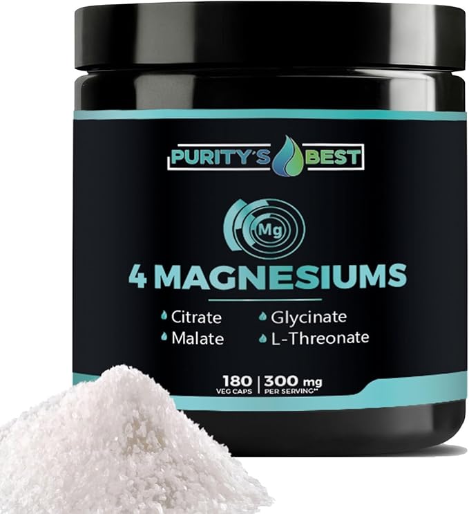 Purity's Best 4 MAGNESIUMS Premium Magnesium Glycinate Malate L-Threonate Citrate 300mg 180 Veggie Capsules Third Party Tested 3 Months’ Supply Muscle Energy Nerve and Cognition Support