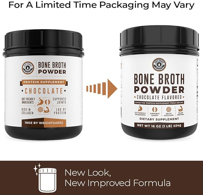Chocolate Bone Broth Protein Powder - 100% Grass Fed Beef Bone Broth with 16g Protein &amp 13g Collagen per Serving - Great for Shakes &amp Hot Chocolate - Keto Friendly Low Carb &amp Non-GMO (1lb