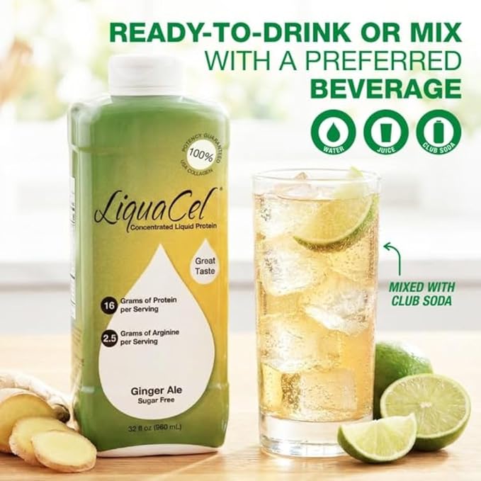 LiquaCel Concentrated Liquid Protein Ginger-Ale Flavor Ready-to-Drink 16g Hydrolyzed Collagen Protein and 2.5g Arginine Per 1oz Serving Sugar &amp Gluten Free 32 fl oz Bottle Case of 6