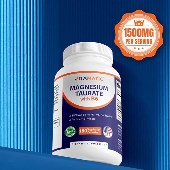 Vitamatic 2 Pack - Magnesium Taurate 1500mg per serving - 180 Vegetarian Capsules (Provides 300 mg of Elemental Magnesium) - Added B6 for Maximum Absorption - Supports Muscle Joint and Heart Health*