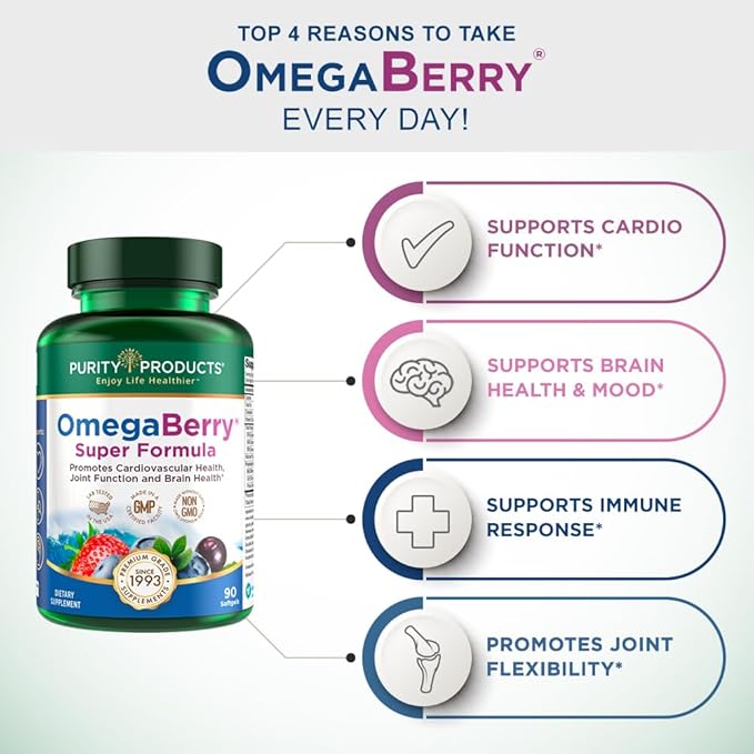 Purity Products OmegaBerry Fish Oil w/Vitamin D3 + Organic Acai Super Formula - 1875 mg of Concentrated Molecularly Distilled Ultra Pure Omega-3s 1080 mg EPA + 720mg DHA + 120 mg DPA - 90 Count