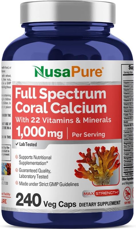 NusaPure Coral Calcium with 22 Vitamins &amp Minerals Non- GMO - 1000 mg - 240 Caps