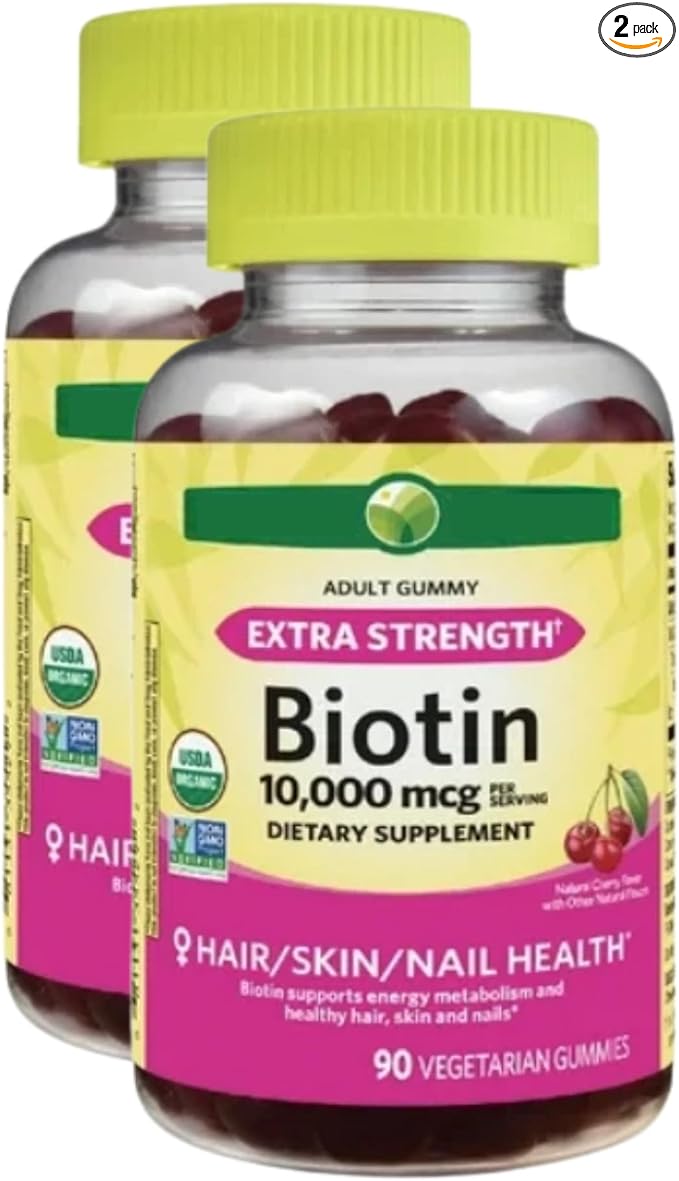 KP+ Biotin | Biotin10000 mcg Gummies Extra Strength | Supports Hair Skin &amp Nail Health | 90 Vegetarian Gummies | Cherry Flavor | Pack of 2