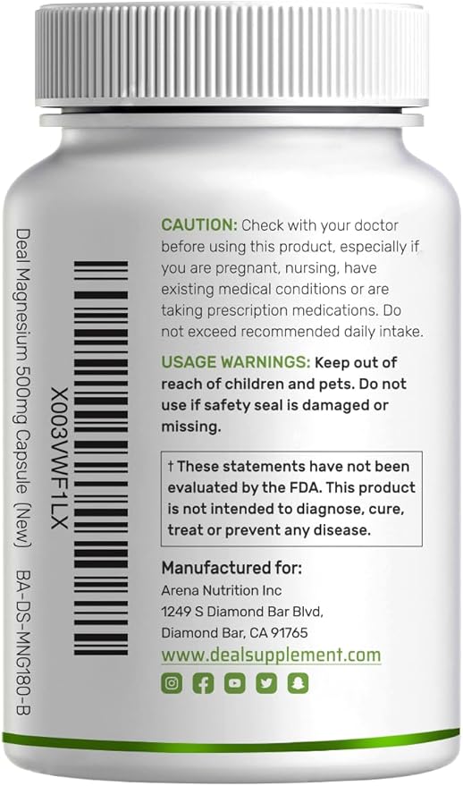 Deal Supplement Magnesium Glycinate 500mg 480 Veggie Capsules | 100% Chelated for Easy Absorption | Essential Mineral Supplement | Non-GMO Gluten-Free