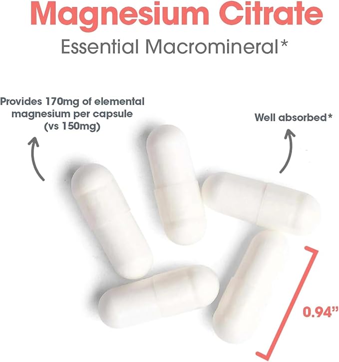 Nutricology Magnesium Citrate Dietary Supplement - Bone &amp Stress Support Well-Absorbed Hypoallergenic Vegetarian Capsules Gluten Free - 180 Count