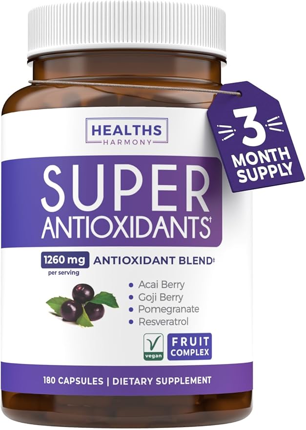 Super Antioxidants Supplement for Women &amp Men - High Potency Herbal &amp Fruit Blend with Acai Goji Pomegranate Elderberry &amp Resveratrol for Skin Care &amp Immune Support - Vegan &amp No