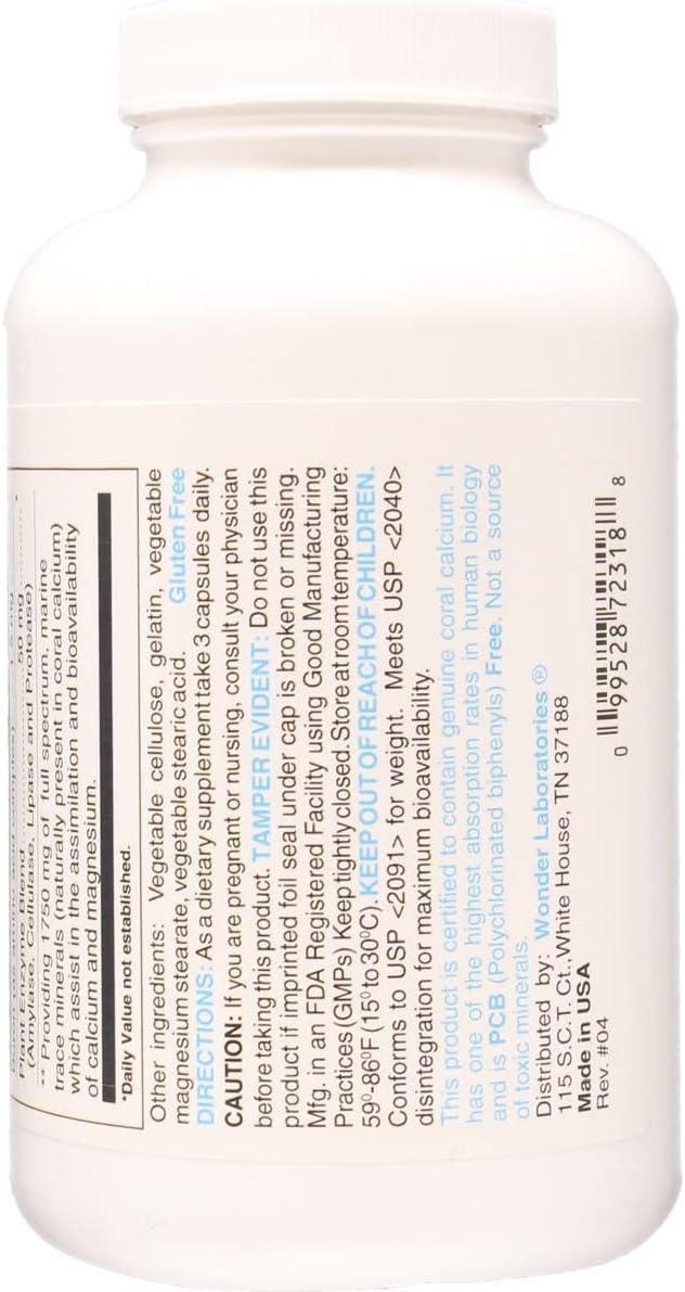 Wonder Labs Coral Calcium 2500 Mg Pure Coral Calcium Providing Full Spectrum Marine Trace Minerals Economically Friendly and Celsium Free - 180 Capsules