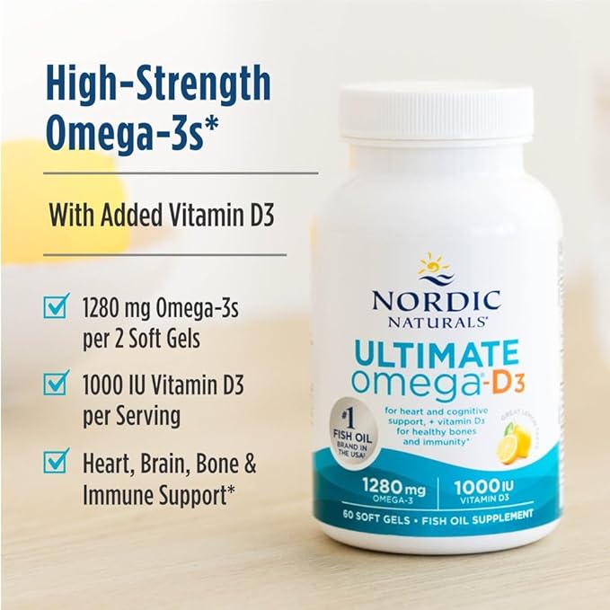 Nordic Naturals Ultimate Omega-D3 Lemon Flavor - 60 Soft Gels - 1280 mg Omega-3 + 1000 IU Vitamin D3 - EPA &amp DHA - Promotes Brain Heart &amp Immune Health - 30 Servings