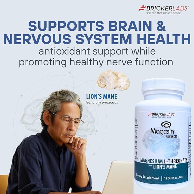 Bricker Labs Magtein® &amp Lion’s Mane-Advanced Magnesium L-Threonate Formula for Brain Health Memory &amp Focus-Cognitive Support Supplement 120 Capsules