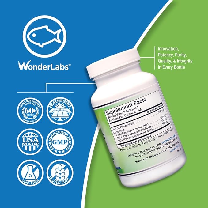 Wonder Laboratories EZ Omega-3 Atlantic Menhaden Fish Oil Supplement 2000 mg Burpless Made in The USA Perfect Balance of EPA+ DHA + DPA 180 Softgels