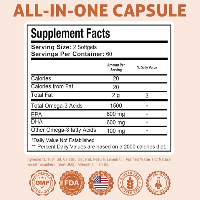 Health Dose Omega 3 Fish Oil – Lemon-Flavored Softgels with EPA &amp DHA for Brain Heart and Wellness Support – Easy-to-Digest No Fish Burps – 120 Softgels Pack of 5