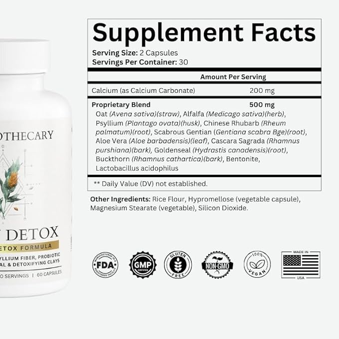 Colon Cleanse Detox Supplement - Psyllium Husk Fiber with Probiotics Aloe Vera Bentonite Clay - Gut Health Digestive Support for Constipation Bloating Relief - Vegan Herbal Intestinal Cleanse - 60ct