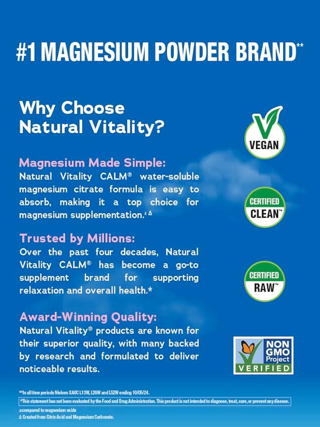 Natural Vitality Calm Magnesium Supplement Drink Mix Powder Gluten Free Vegan &amp Non-GMO Watermelon 8oz Powder