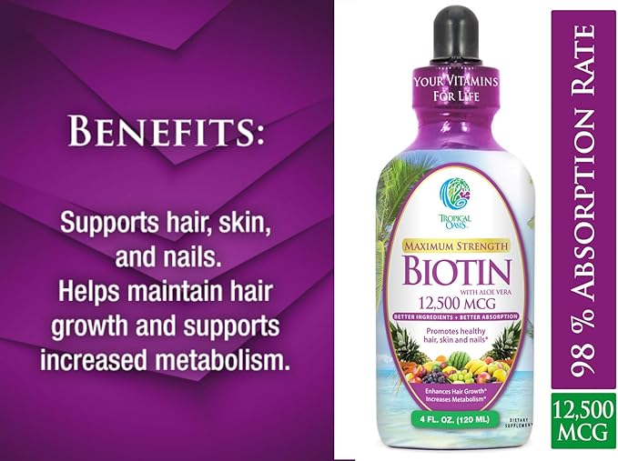 Maximum Strength Liquid Biotin Drops w/ 12500 MCG – Best Vitamins for Fast Hair Growth Reduced Hair Loss Healthy Skin &amp Strong Nails -5X More Potent Than Pills– Max Absorption Vegan– 4oz 30 S