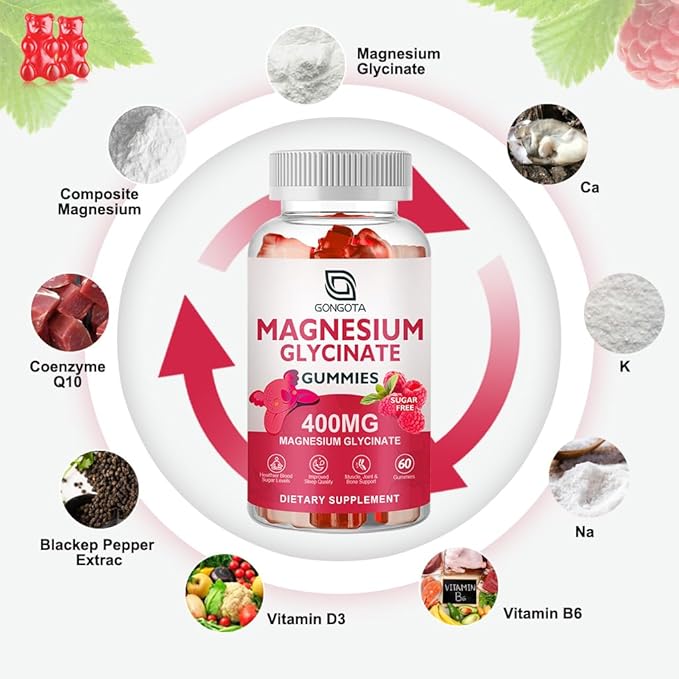 Magnesium Glycinate Gummies 400 mg with 100 mg Composite magnesium - Chelated Magnesium Potassium Supplement with Vitamin D B6 Supports Calm Sleep Memory &amp Muscle CrampsSugar Free - 180 Gummie