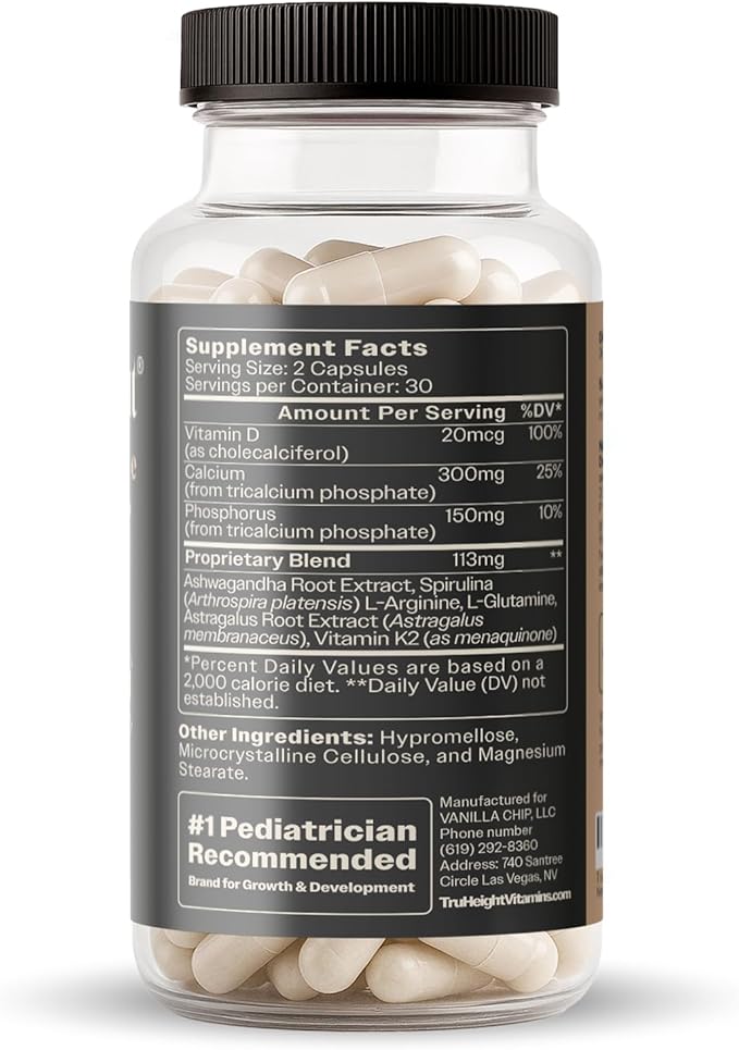 TruHeight Growth Capsules - Tall Nutrition for Natural Growth Supplement for Kids &amp Teens - Pediatric Vitamin D K Calcium &amp Ashwagandha - Bone Strength - Kids Vitamins D3 K2 Pills Taller Ag