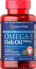 Puritans Pride Extra Strength Omega-3 Fish Oil 1500 Mg 450 Mg Active Omega-3 Softgels 60 Count