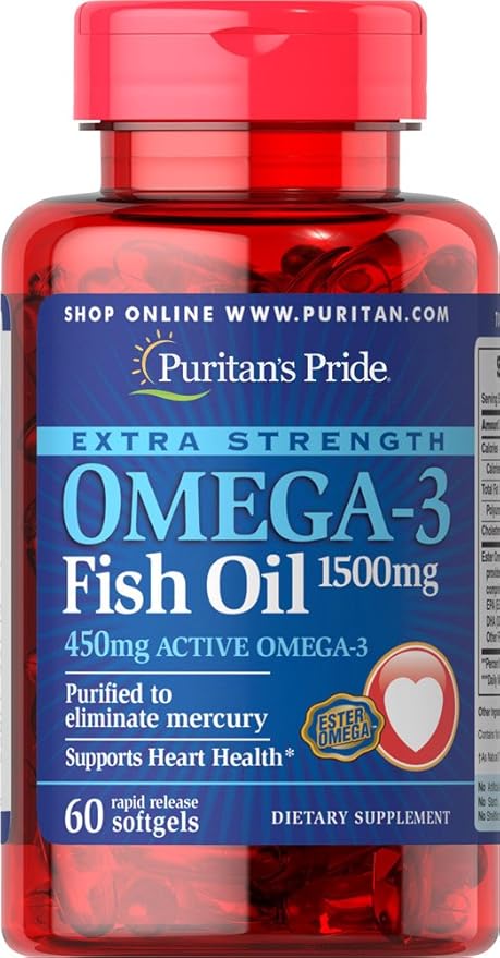 Puritans Pride Extra Strength Omega-3 Fish Oil 1500 Mg 450 Mg Active Omega-3 Softgels 60 Count